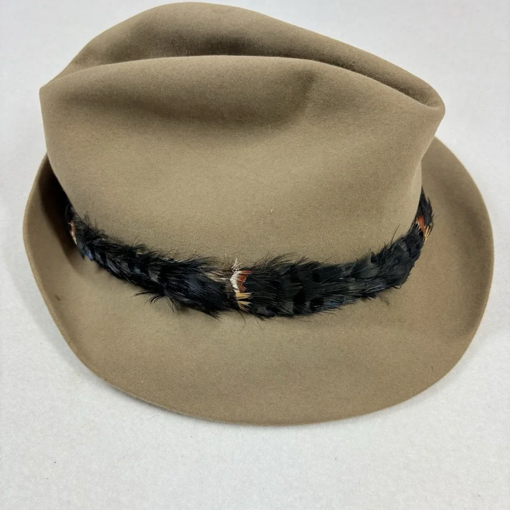 Vintage‎ Knox Jaguar Fedora Hat~ 7-1/8 Beige Feather Wrap Detail Classic